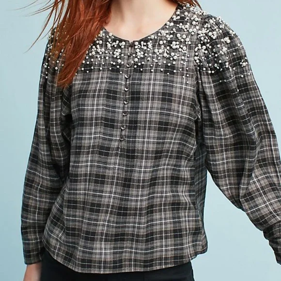 Anthropologie Black White Plaid Beaded Top - Picture 2 of 8